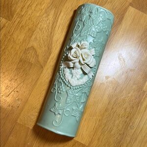 Vintage Floral Embossed Wallpocket bisque Vase w/ lady roses ivy cottagecore